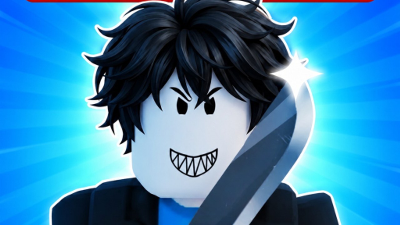 GODLY SIMULATOR Roblox avatar with black hair holding a silver godly knife on a cyan burst